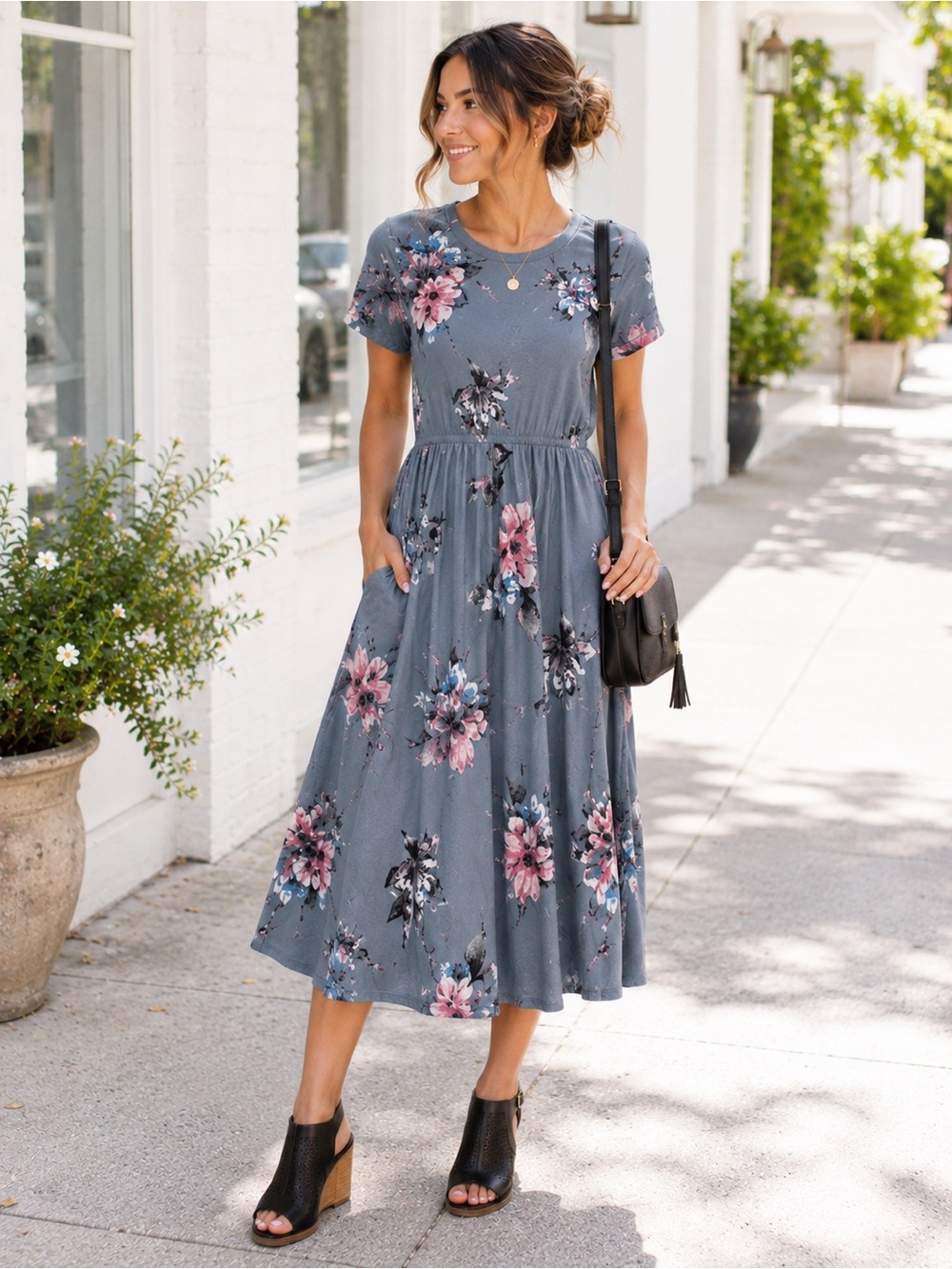 Floral Midi Dress Boutique Small Blue Floral Print Elastic Waist Pockets Stretch